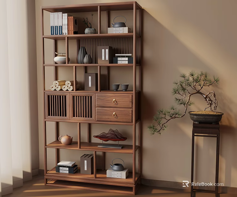 Chinese Style Interior With Wooden Etagere Decorative Items Books And Bonsai Plant 3d model 