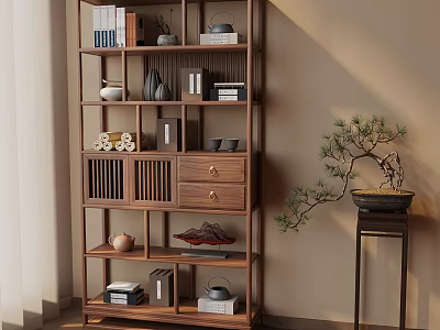 Chinese Style Interior With Wooden Etagere Decorative Items Books And Bonsai Plant 3d model