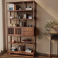 Chinese Style Interior With Wooden Etagere Decorative Items Books And Bonsai Plant