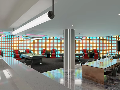 Modern Billiard Room Interior With Pool Tables Red Chairs And Colorful Lighting 3d model