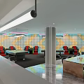 Modern Billiard Room Interior With Pool Tables Red Chairs And Colorful Lighting
