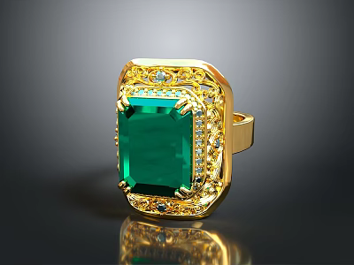 Luxury Gold Ring With Square Green Emerald Gemstone And Diamond Decorative Accents 3d model