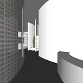 Modern Display Space With Circular Stand Laptop Curved White Shelves Gray Walls And Black Floor