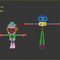 Two Robot Characters With Square Head And Tall Green Limbs In 3D Illustration