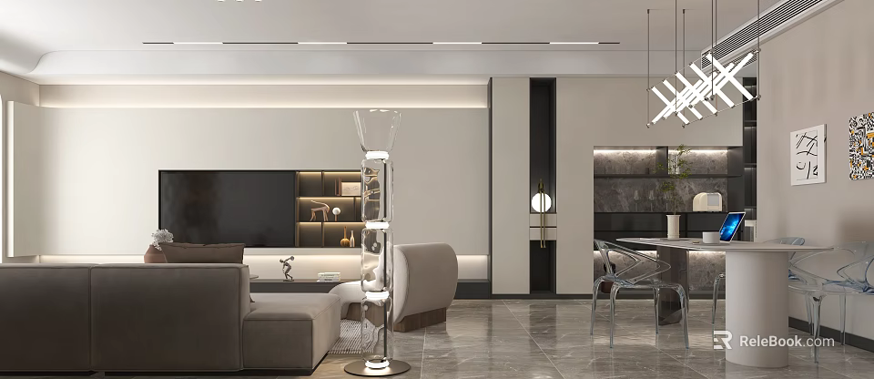 Modern Living And Dining Room Interior With Sofa Floor Lamp Pendant Lights And Marble Floor 3d model 