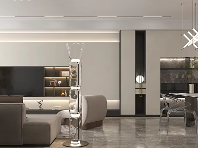 Modern Living And Dining Room Interior With Sofa Floor Lamp Pendant Lights And Marble Floor 3d model