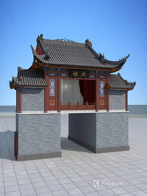 Traditional Chinese Archway with Ornate Eaves Gray Brick Walls and Tiled Roof Design 3d model 
