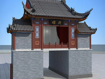 Traditional Chinese Archway with Ornate Eaves Gray Brick Walls and Tiled Roof Design 3d model