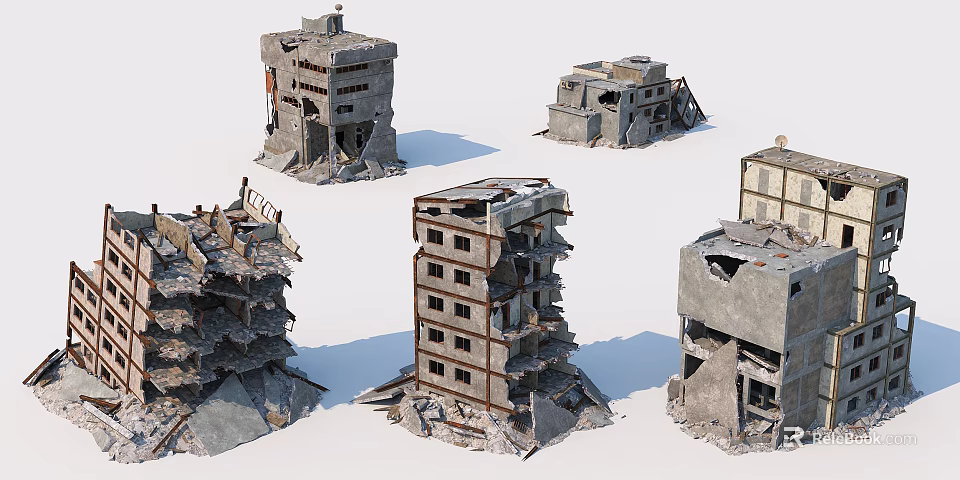 Collapsed Building Components With Broken Concrete Walls Exposed Rebar And Structural Debris 3d model 