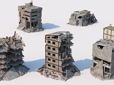 Collapsed Building Components With Broken Concrete Walls Exposed Rebar And Structural Debris 3d model