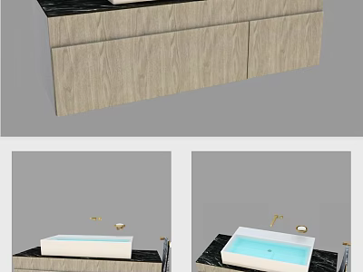 Modern Washbasin Vanity Design With Wooden Cabinets Black Countertop And White Basin 3d model