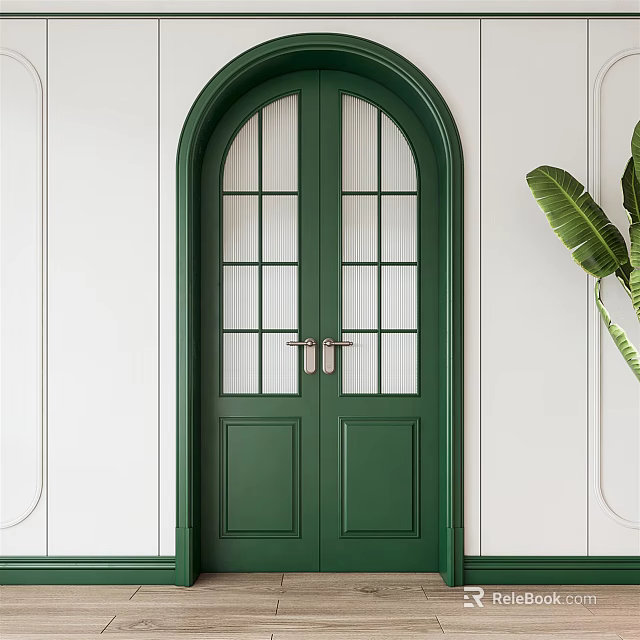 Green Arched Double Doors With Glass Panes Against White Wall And Green Plant 3d model 