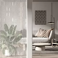 Textured Glass Room Divider For Modern Living Room With Sofa And Floor Lamp