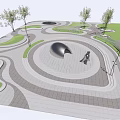 Modern Urban Park Landscape Design With Curved Pathways Green Lawns Spherical Sculpture And Trees