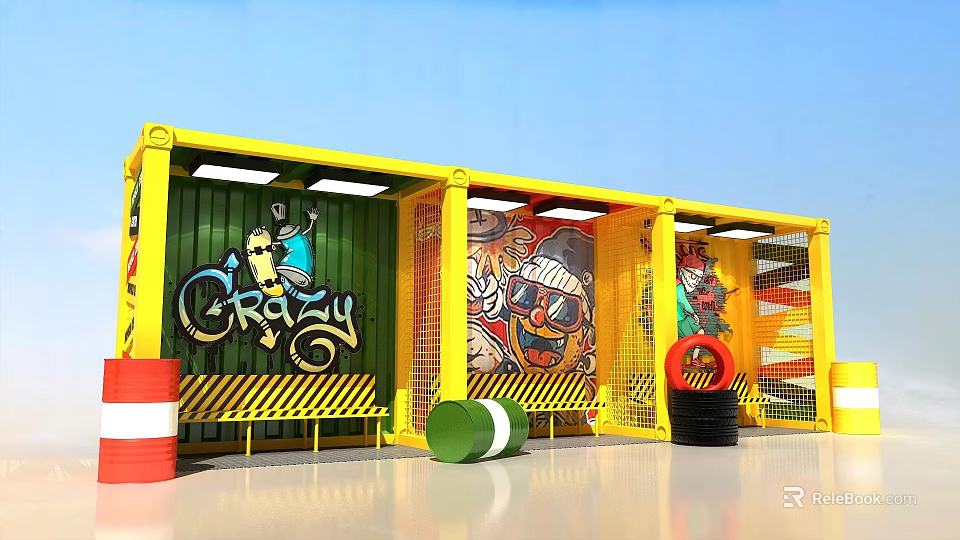 Vibrant Yellow Container Graffiti Space With Crazy Text Cartoon Characters And Barrels 3d model