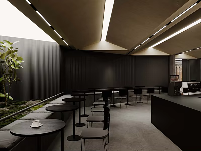 Modern Cafe Interior With Dark Walls Wooden Ceiling Lighting And Green Plant 3d model