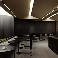 Modern Cafe Interior With Dark Walls Wooden Ceiling Lighting And Green Plant