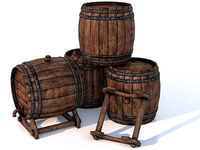 Rustic Vintage Wooden Barrels Stacked With Metal Bands And Wooden Stands 3d model