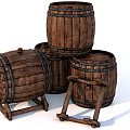 Rustic Vintage Wooden Barrels Stacked With Metal Bands And Wooden Stands