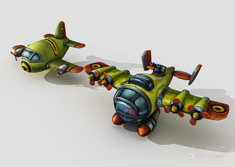 Playful Cartoon Airplanes 3D Model With Green Yellow Color And Propellers 3d model 