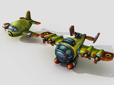 Playful Cartoon Airplanes 3D Model With Green Yellow Color And Propellers 3d model