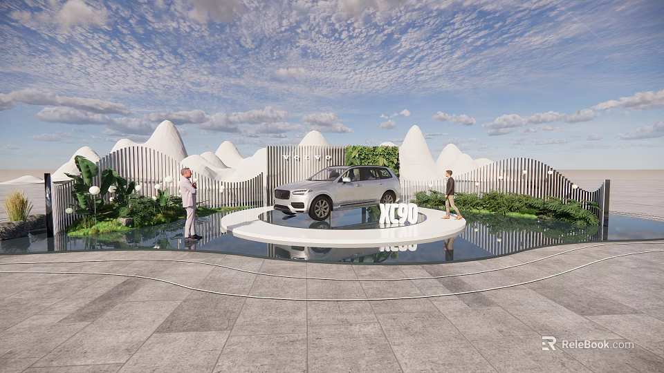 KL90 White Car Showcased On Circular Platform With Mountain Shaped Structures And Greenery 3d model 
