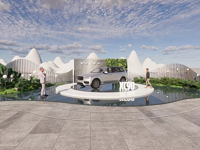 KL90 White Car Showcased On Circular Platform With Mountain Shaped Structures And Greenery 3d model