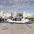KL90 White Car Showcased On Circular Platform With Mountain Shaped Structures And Greenery