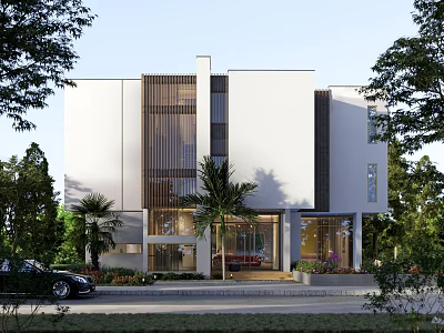 Modern Detached Villa With White Facade Large Glass Windows And Surrounding Greenery 3d model