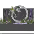 Elegant Stage Setup With Purple Curtains Circular Silver Decor Chandeliers And Floral Arrangements 3d model