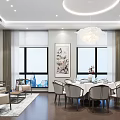 Modern Private Dining Room With Round Table Chairs Sofa And Floor to Ceiling Windows 3d model