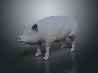 White Standing Pig 3D Model with Detailed Ears on Dark Reflective Surface 3d model