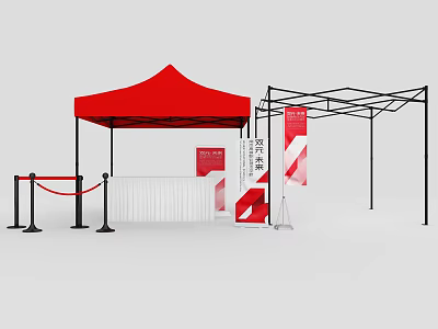 Red Canopy Tent With Black Metal Frame Red Signboards And White Railings 3d model