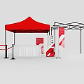 Red Canopy Tent With Black Metal Frame Red Signboards And White Railings