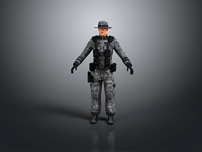 3D Rendered Tactical Game Movie Character in Camouflage Uniform With Hat and Gear 3d model