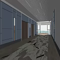 Modern Elevator Hallway With Blue Paneled Walls Recessed Lighting And Large Windows
