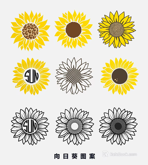 Sunflower Themed Wall Decor With Various Colored And Black White Patterns 3d model