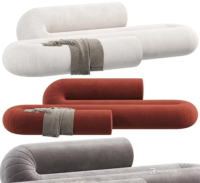 Modern Multi Seater Sofa In White Red Grey With Soft Fabric And Throw Blanket 3d model 
