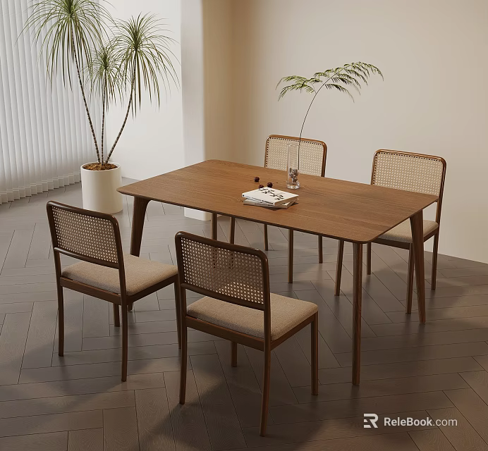 Modern Minimalist Dining Space With Wooden Table Rattan Back Chairs And Potted Plant 3d model 