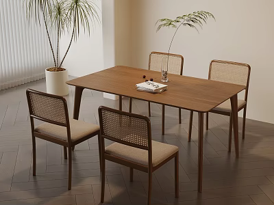Modern Minimalist Dining Space With Wooden Table Rattan Back Chairs And Potted Plant 3d model