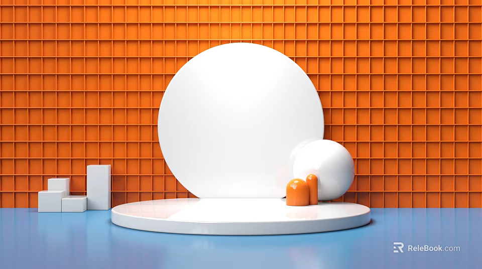 White Circular Display Shelf with Orange Grid Background Blue Floor and Orange Objects on Platform 3d model