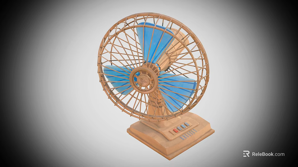 Vintage Air Cooler Fan With Wooden Base Blue Blades And Metal Mesh Cover Control Buttons 3d model 