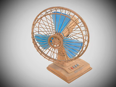 Vintage Air Cooler Fan With Wooden Base Blue Blades And Metal Mesh Cover Control Buttons 3d model