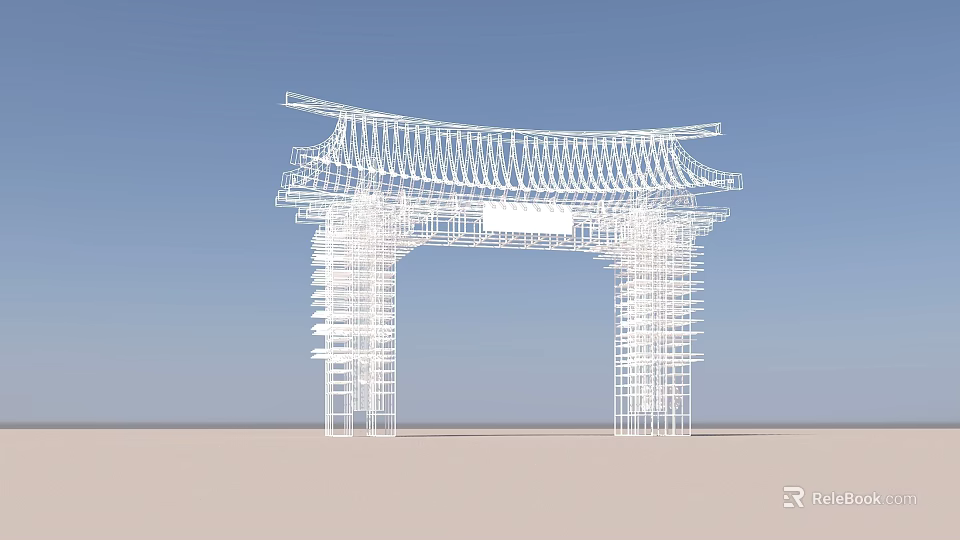White Wireframe Memorial Archway Structure Against Blue Sky And Sandy Ground 3d model 