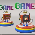 Colorful GAME Text With Cartoon Characters Wearing Headphones Crowns On Colorful Bases