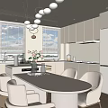 Modern Kitchen Interior Featuring Round Dining Table Chairs Chandelier And White Cabinets 3d model