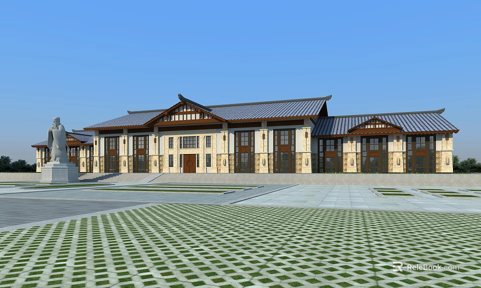 Ancient Architecture With Traditional Roof Overhanging Eaves Front Plaza Patterned Tiles And Statue 3d model 