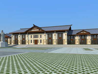 Ancient Architecture With Traditional Roof Overhanging Eaves Front Plaza Patterned Tiles And Statue 3d model