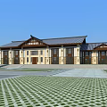Ancient Architecture With Traditional Roof Overhanging Eaves Front Plaza Patterned Tiles And Statue