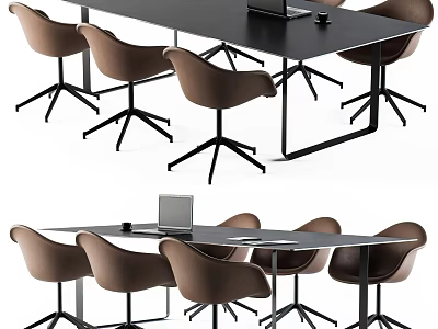 Black Modern Conference Table With Brown Chairs Metal Legs And Laptop On Top 3d model